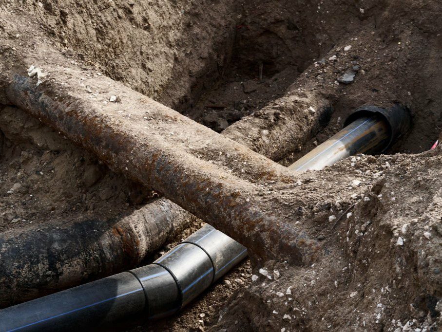 repair and replacement main pipeline of heating systems, district heating pipes network, water supply or Sewerage in city, removing old pipes and replacing them with new ones in a hole in the ground